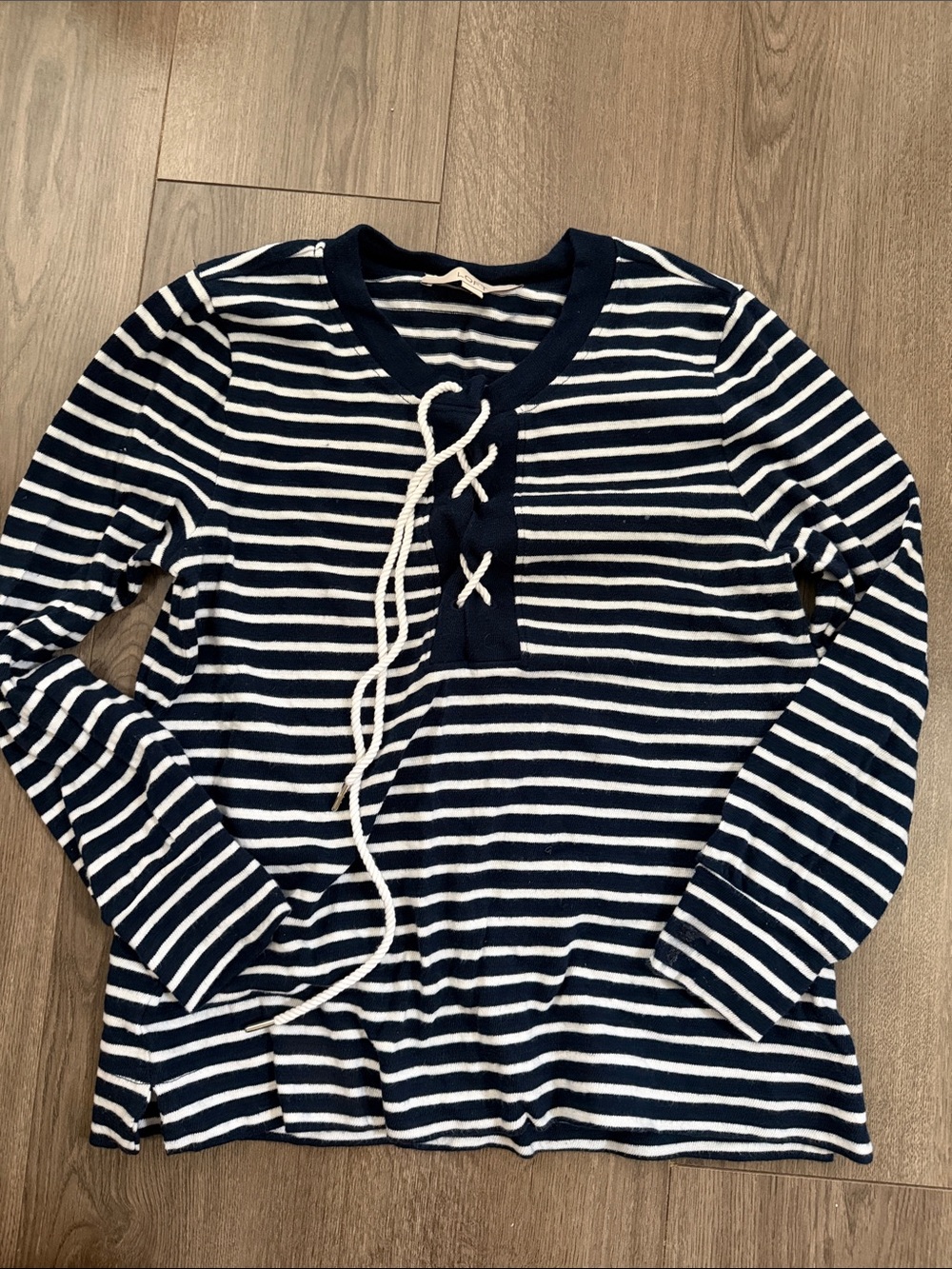 LOFT Navy & White Striped Lace-Up Long Sleeve Top